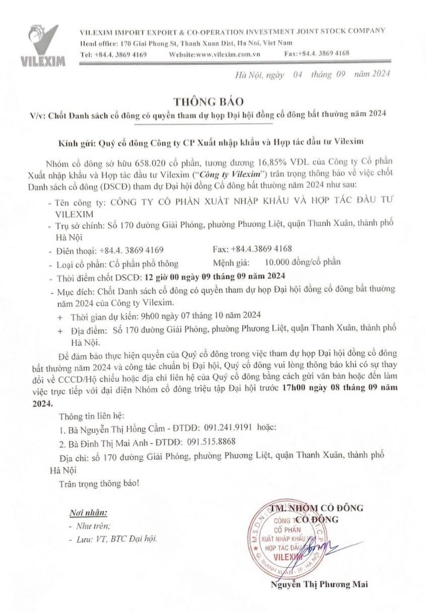 THÔNG BÁO V/V CHỐT DANH SÁCH CỔ ĐÔNG CÓ QUYỀN THAM DỰ HỌP ĐẠI HỘI ĐỒNG CỔ ĐÔNG BẤT THƯỜNG NĂM 2024 DO NHÓM CỔ ĐÔNG TỔ CHỨC
